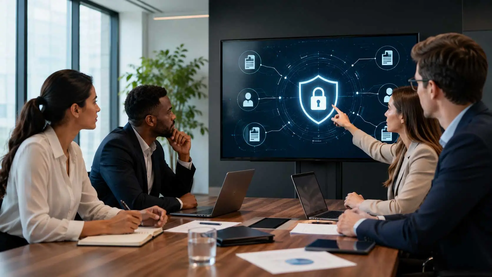 Business leaders and investors meet in a modern conference room while reviewing confidential documents on laptops and a secure presentation displayed on a wall-mounted screen. The professional meeting illustrates how a virtual data room supports secure document sharing, investor communication, due diligence, controlled access, and trust during investment discussions.