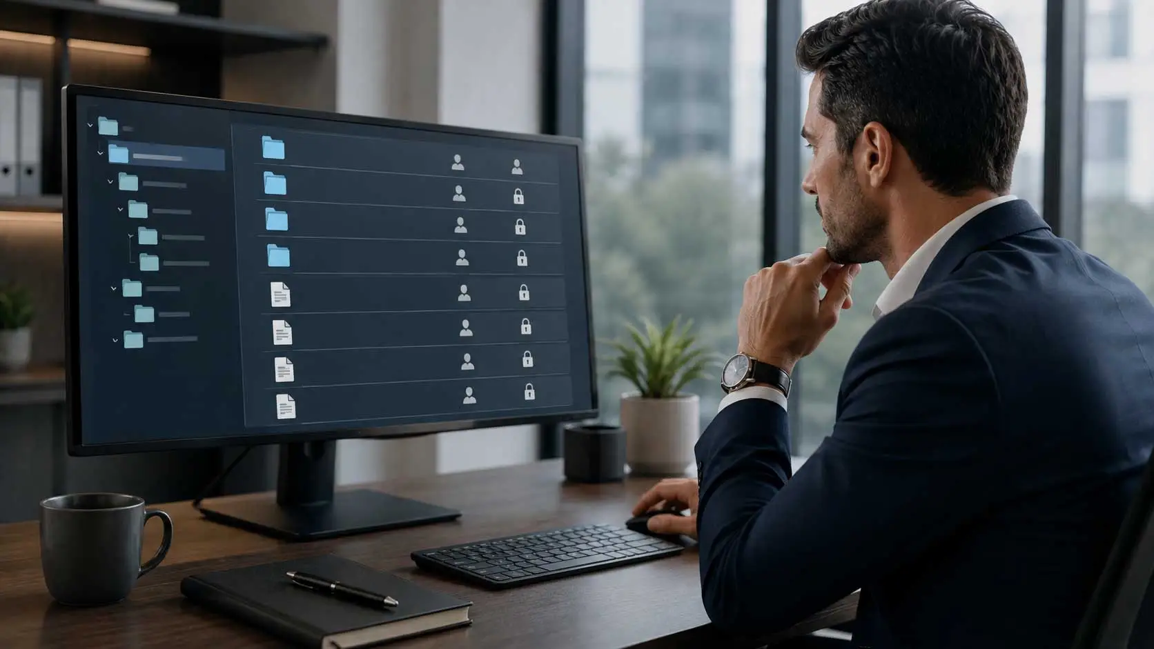 A professional man in a suit working at a desk, reviewing an organized virtual data room with secure folders, user permissions, and lock icons on a widescreen monitor.