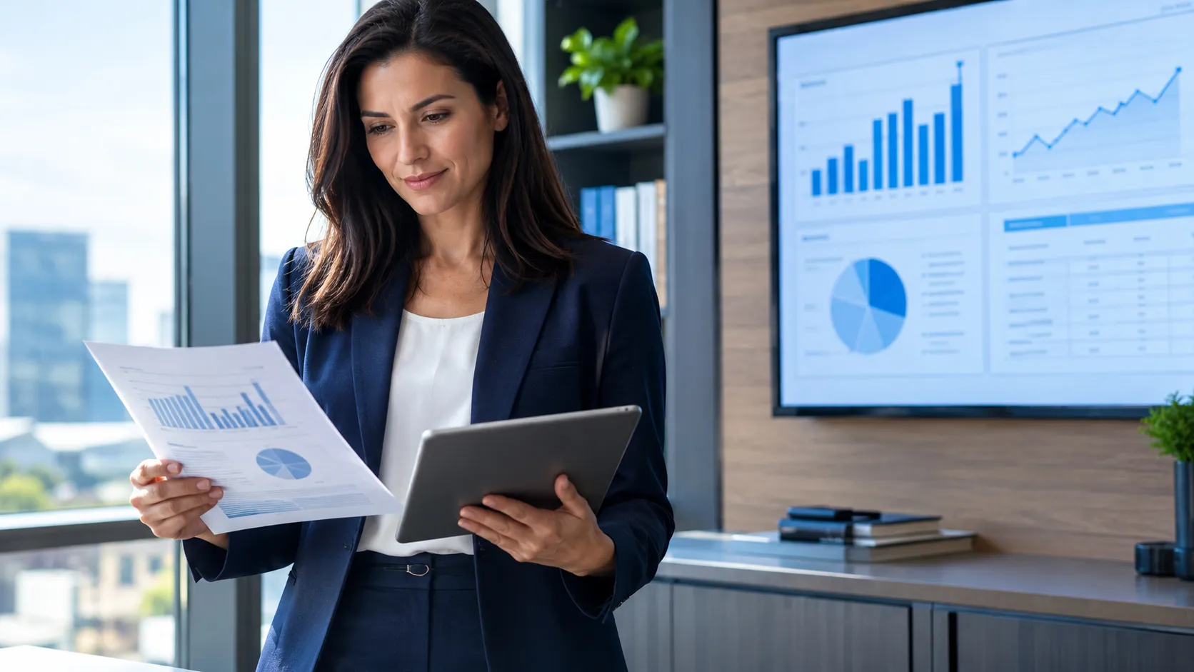 A business professional reviews financial reports on a tablet and printed charts beside a digital analytics display, illustrating how clear, contextual business data can help investors evaluate financial performance, operational maturity, and growth strategy.