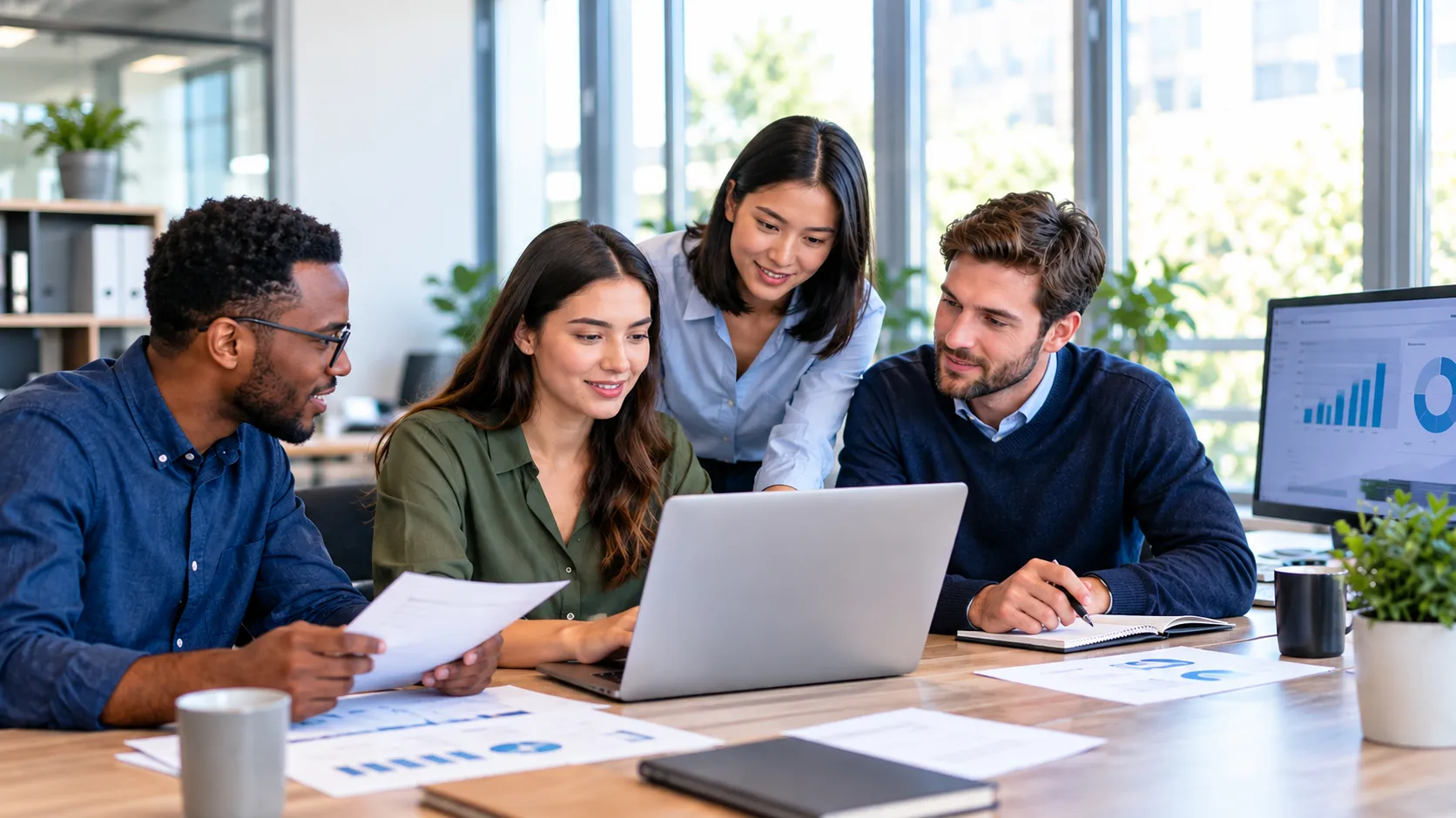 A team of young professionals collaborates in a modern office while reviewing documents, laptop information, and business charts. The scene represents how business information moves between people through review, discussion, and shared understanding, highlighting the importance of organized information, context, and communication for better business decisions.