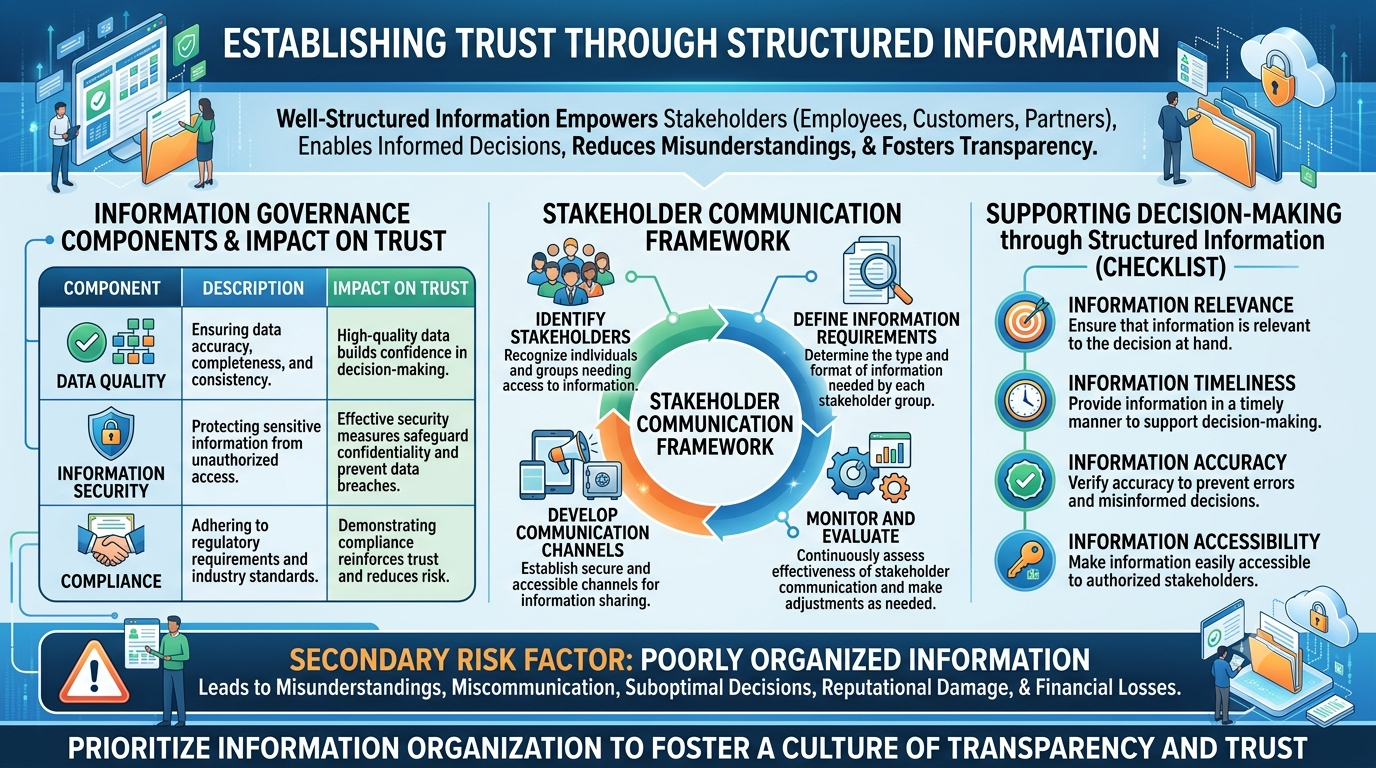 An overview of establishing trust through structured information, highlighting the impact of data quality, information security, and compliance on decision-making.
