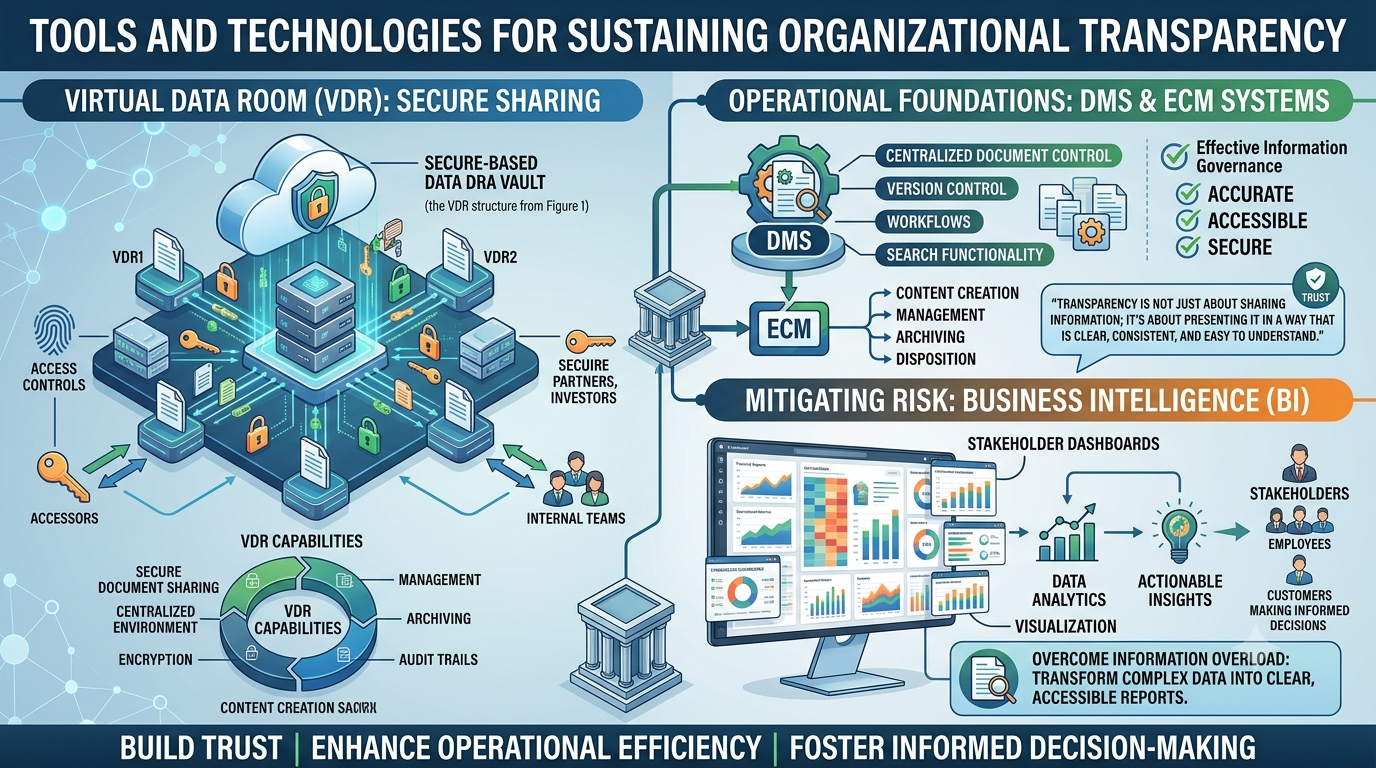 An infographic showcasing how Virtual Data Rooms (VDRs), Document Management Systems (DMS), Enterprise Content Management (ECM), and Business Intelligence (BI) tools are used together to build trust and enhance decision-making. The image includes diagrams of a secure VDR structure, DMS and ECM operational workflows, and a BI dashboard, along with icons and text detailing the specific capabilities of each tool and their role in mitigating risks like information overload.