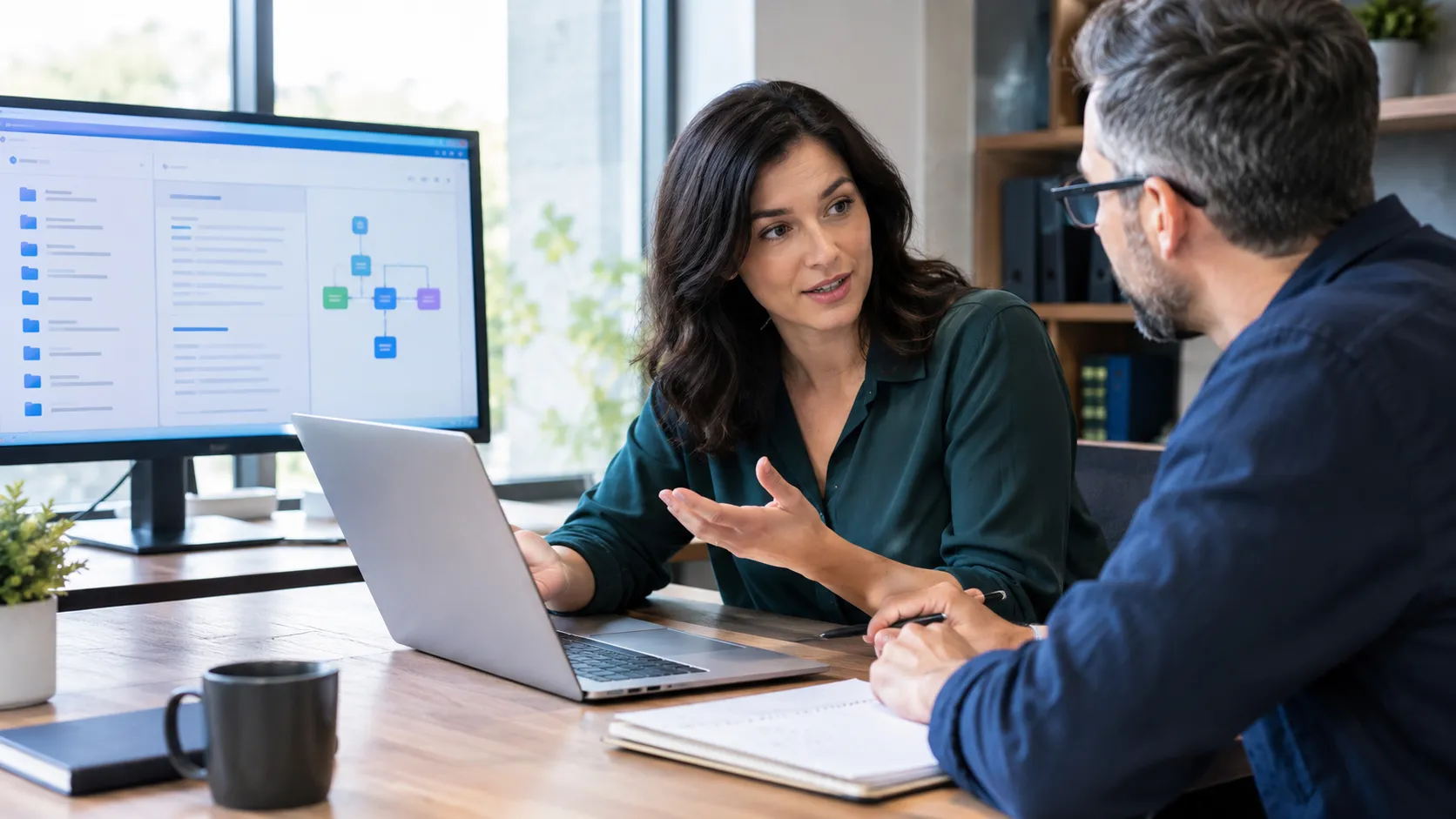 Two business professionals discuss organized business information at a desk, using a laptop and visual information displayed on a monitor to connect documents, improve understanding, and support informed decision-making through structured information management.