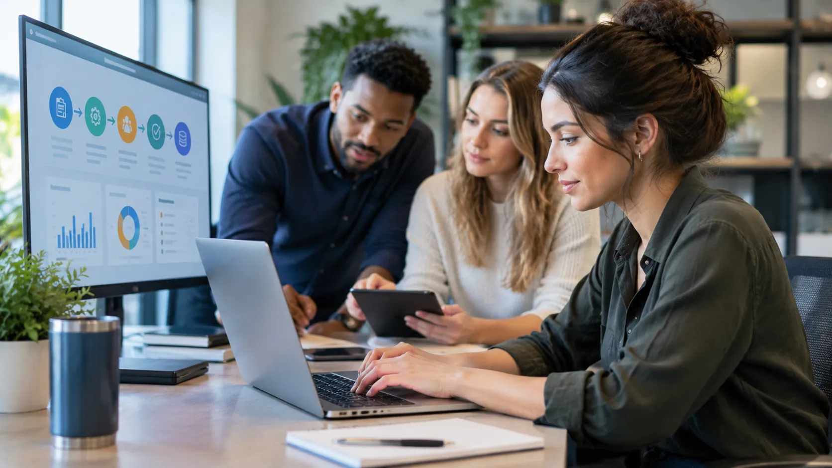 Three young business professionals collaborate in a modern office while reviewing digital business information, charts, and workflow data on laptops, a tablet, and a monitor, illustrating how information flows across people and processes to support collaboration, operational efficiency, and informed business decisions.