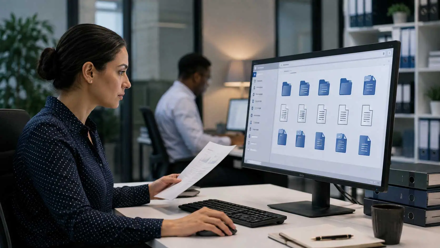A compliance professional reviews controlled documents beside a digital document repository, illustrating how compliance data room management supports organized documentation, document governance, secure access, and maintaining current information for audits and due diligence.