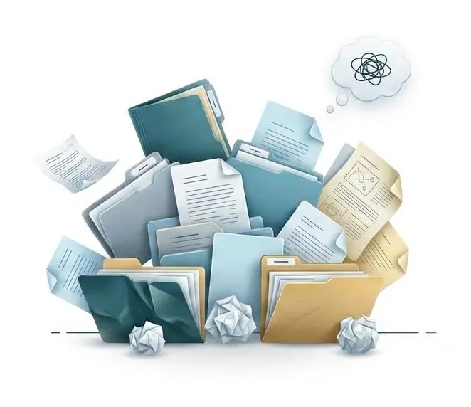 Disorganized stack of paper files and folders