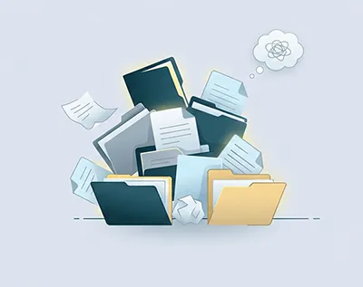 Disorganized stack of paper files and folders