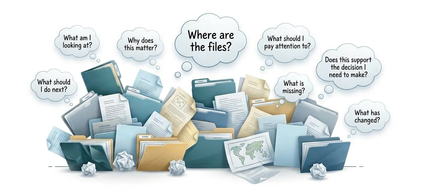 Disorganized stack of paper files and folders with questions people would ask about them. Where are the files? What should I do next? what am I lookat at? Why does this matter? what should pay attention to? Does this support the decision I need to make? what is missing? What has changed?