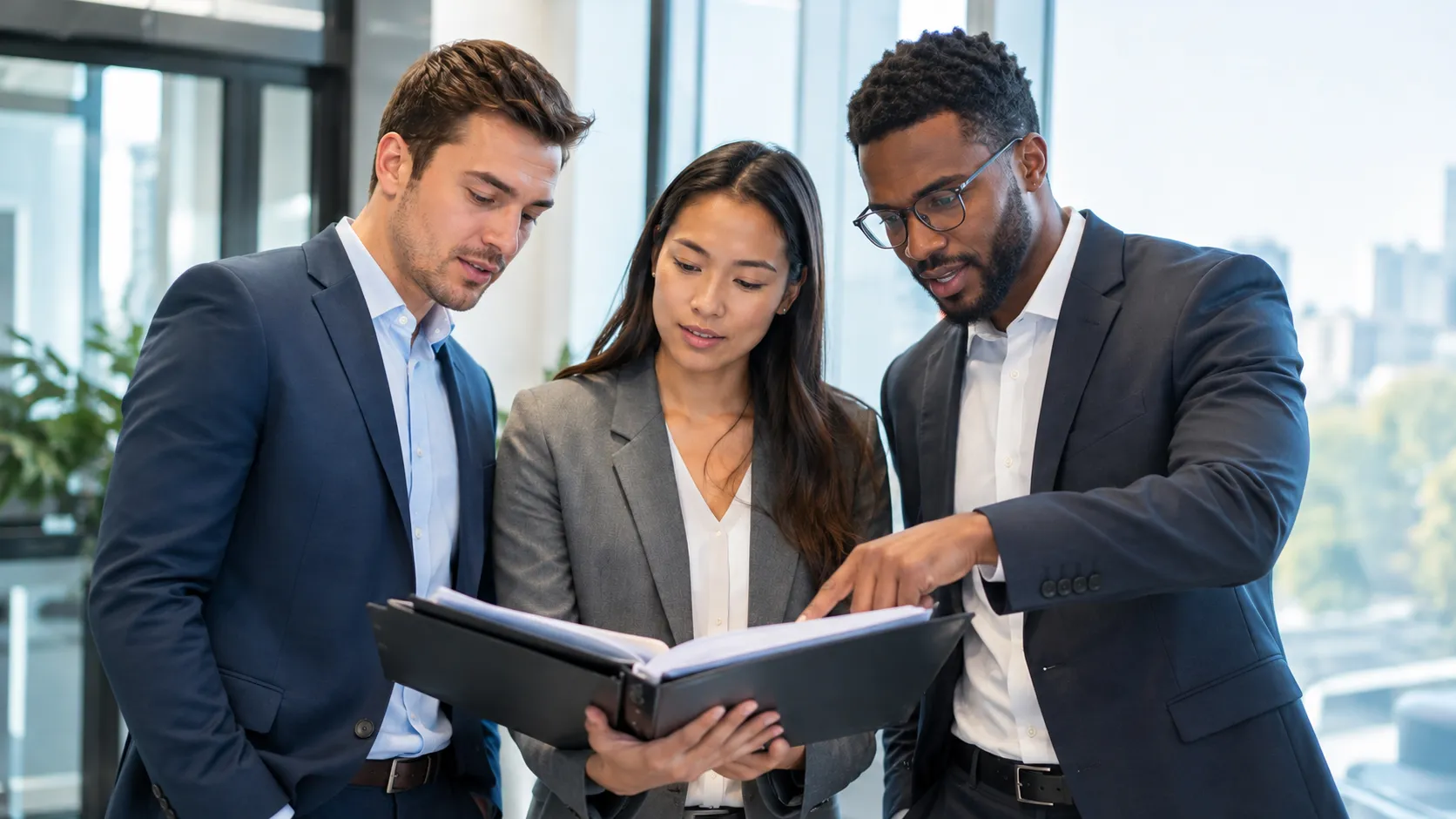 Three business professionals review documents together, one is pointing out information in a binder as his colleagues examine the records, illustrating due diligence preparation, document verification, and collaborative review of business information to support accurate evaluation and informed decisions.