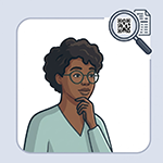 Illustration of a professional inspecting data room files through a magnifying glass