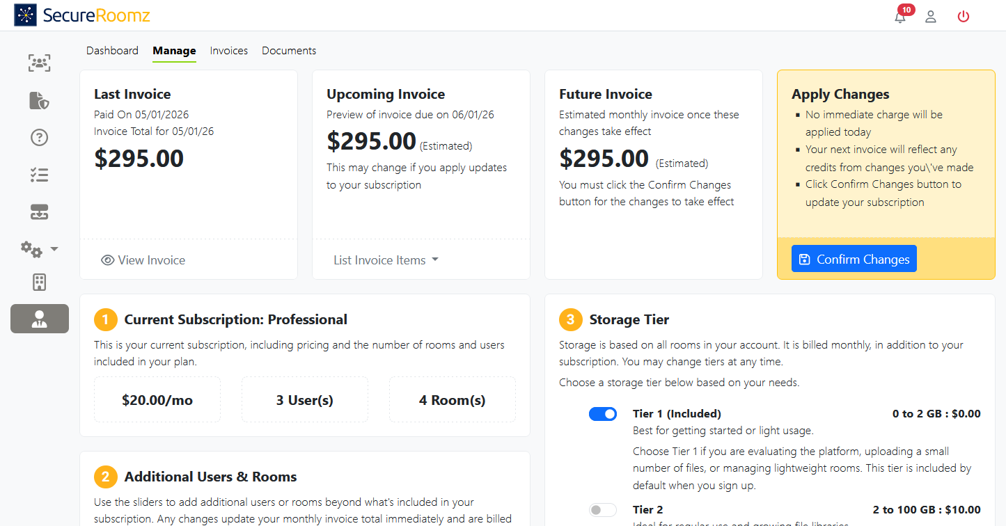 Our pricing is based on three simple factors: Users, Storage, and Rooms