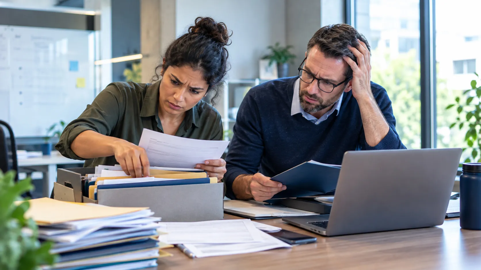 Two coworkers search through paper files and folders while comparing documents on a laptop, illustrating how disorganized business documents can increase search time, create version confusion, and make important information harder to locate and use.